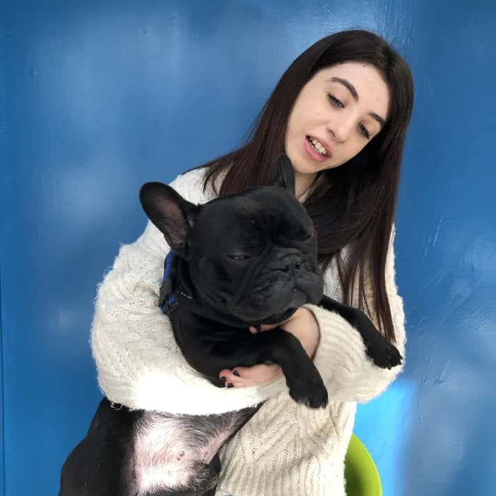 Chica con un perro buldog francés negro en brazos en la clínica veterinaria El Jardín.