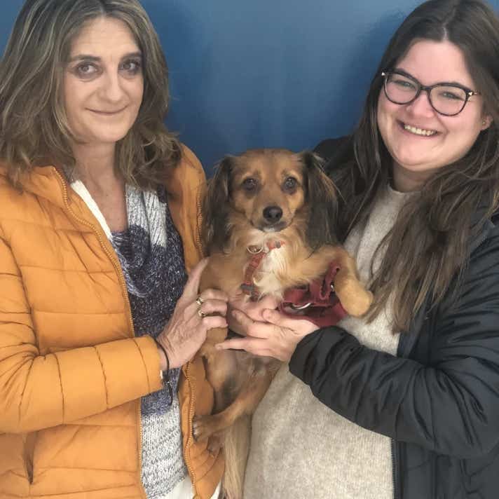 Mujer y chica con un perro color canela en brazos en la clínica veterinaria El Jardín.